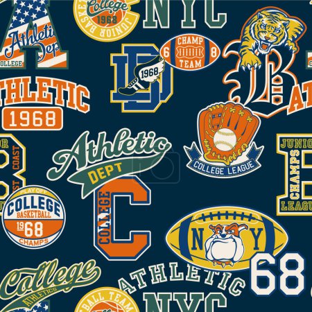 Téléchargez les illustrations : College athletic elements badges patchwork vintage vector seamless pattern for sport wear - en licence libre de droit