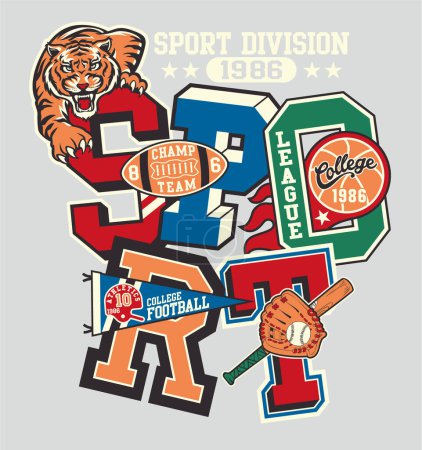 Photo for College sporting division sticker patchwork vintage vector artwork for boy shirt athletic patches mix collection - Royalty Free Image