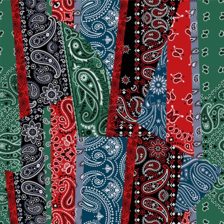 Téléchargez les illustrations : Coloured paisley bandana fabric patchwork abstract vector seamless pattern - en licence libre de droit