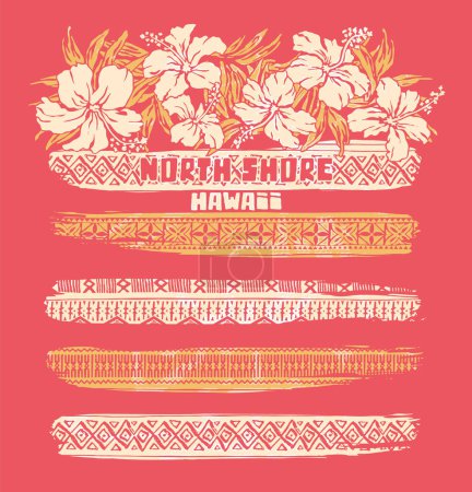 Illustration for Hawaiian hibiscus flowers ethnic motif stripes grunge vintage artwork for woman girl summer wear - Royalty Free Image