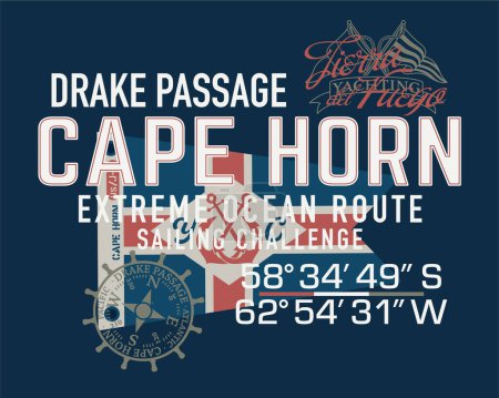 Illustration for Cape Horn Drake passage extreme sailing challenge vintage nautical vector print for boy t shirt - Royalty Free Image