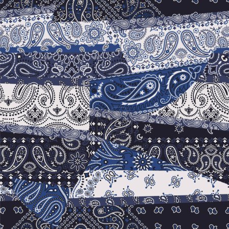 Illustration for Blue striped paisley bandana fabric patchwork abstract vector seamless pattern - Royalty Free Image