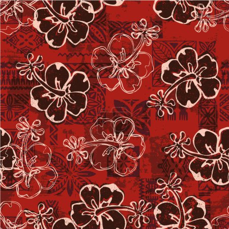 Hawaiian tapa tribal elements and hibiscus flowers patchwork abstract vintage vector seamless pattern 