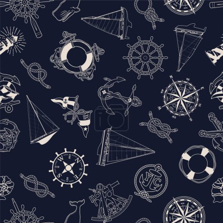 Téléchargez les illustrations : Nautique marine voile éléments patchwork papier peint abstrait vintage vecteur motif sans couture - en licence libre de droit
