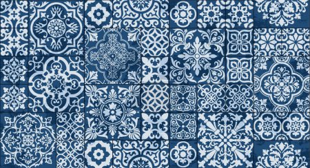 Blue floral vintage ceramic tiles patchwork wallpaper abstract vector seamless pattern for fabric tablecloth pillow shirt carpet grunge effect in separate layer