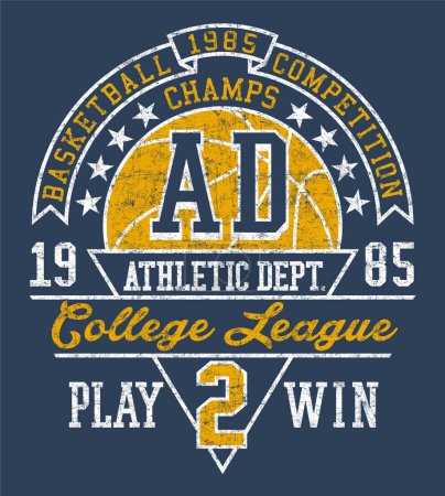 Colegio atlético departamento baloncesto liga vintage vector impresión para niños niño camiseta grunge efecto en capas separadas