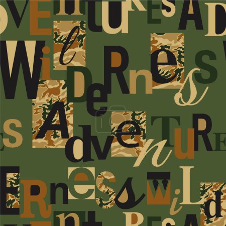 Wilderness outdoor adventure typography and camouflage patchwork abstract vector seamless pattern for fabric shirt wear print wallpaper pillow sticker wrapping 