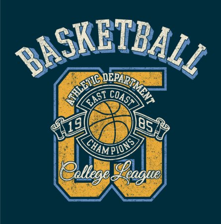 Basketball athletic department college league vintage vector print for boy kids t shirt grunge effect in separate layers