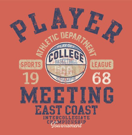 East coast college basket-ball player vintage vectoriel artwork pour enfants garçon t-shirt effet grunge dans des couches séparées