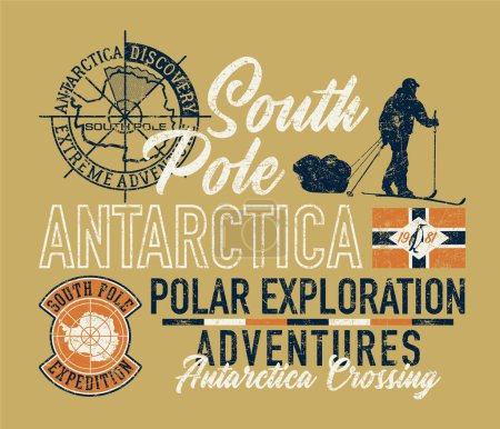 Polo sur Antártida descubrimiento expedición aventura vintage vector impresión para niño niño camiseta grunge efecto en capa separada 
