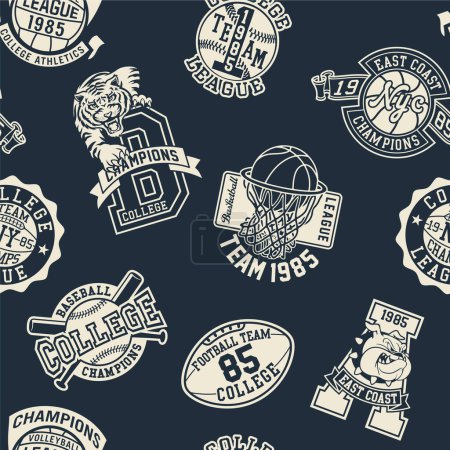 Téléchargez les illustrations : College département athlétique badges sportifs patchwork vintage vecteur motif sans couture pour garçon enfant porter t-shirt sweat-shirt pyjama - en licence libre de droit