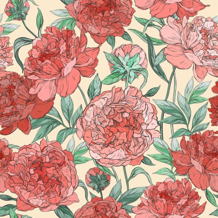 Illustration for Seamless vintage pattern with bouquet of peonies. Vector illustration - Royalty Free Image