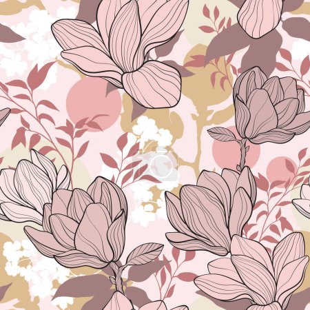 Ilustración de Patrón sin costura floral con hermosas flores Magnolia. Ilustración vectorial - Imagen libre de derechos