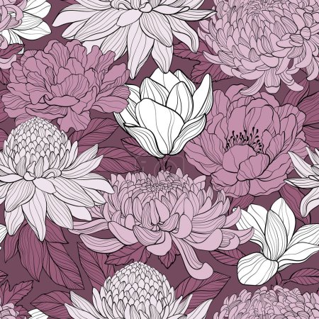 Seamless pattern with hand drawning Peony, chrysantea, magnolia, Torch ginger Etlingera elatior flowers. Vector illustration