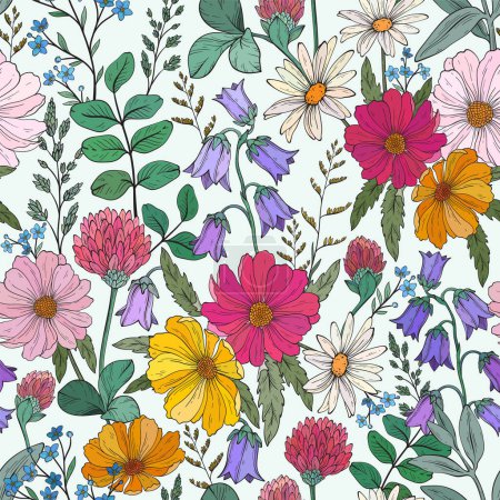 Illustration for Seamless pattern of different wild herbs and flower or treatment plants in realistic, natural style. Botanical, decorative wildflowers. Vector hand drawn illustration - Royalty Free Image