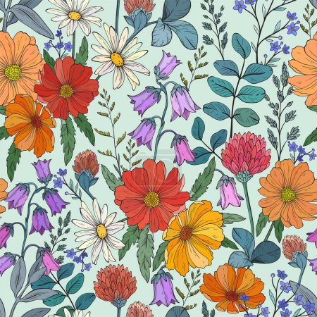 Nahtloses Muster mit verschiedenen Wildkräutern und Blumen. Botanische, dekorative Wildblumen. Vektor handgezeichnete Illustration
