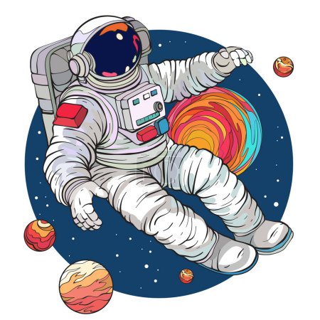 Astronaut in a space suit is flying against space next to planets and stars. Vector illustration