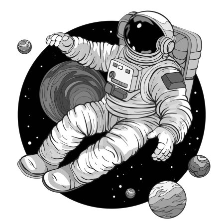 Astronaut in a space suit is flying against space next to planets and stars. Vector monochrome illustration
