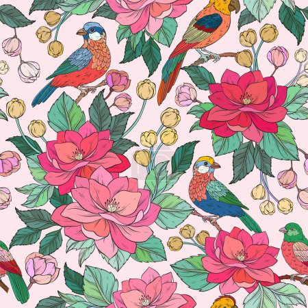 Vintage flowers, branches, leaves and birds. Vector seamless pattern. Illustration for fabrics, gift packaging, textiles