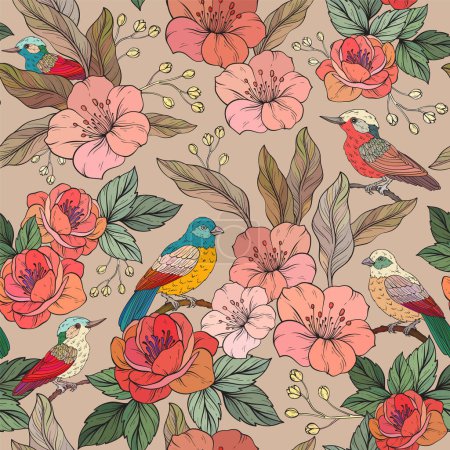 seamless pattern with Vintage flowers, branches, leaves and birds. Vector Illustration