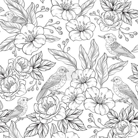 Line art Vintage flowers, branches, leaves and birds. Vector seamless pattern. Illustration for fabrics, gift packaging, textiles