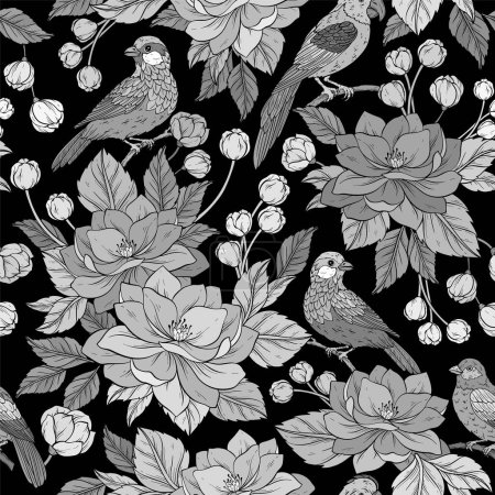 Vintage flowers, branches, leaves and birds. Vector seamless monochrome pattern. Illustration for fabrics, gift packaging, textiles
