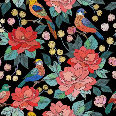 Vintage flowers, branches, leaves and birds on black background. Vector seamless pattern. Illustration for fabrics, gift packaging, textiles