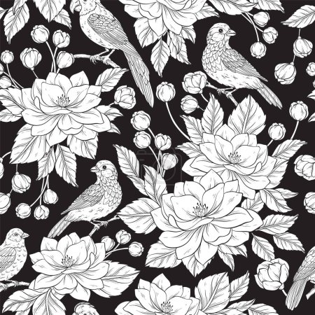 flowers, branches, leaves and birds on black background. Vector line art seamless pattern. Illustration for fabrics, gift packaging, textiles