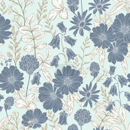 Seamless pattern of different wild herbs and flower or treatment plants in realistic, vintage natural style. Vector hand drawn illustration