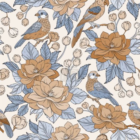 Vintage seamless pattern with Vintage flowers, branches, leaves and birds. Vector Illustration