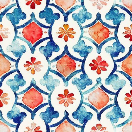Seamless pattern mosaic geometric arabesque, repetition, in watercolor and gouache technique