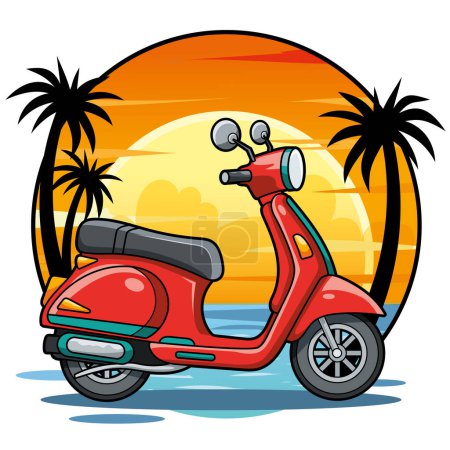 Illustration for Vector Illustration sticker of red color scooter in summer scene in white background - Royalty Free Image