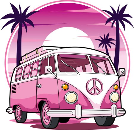 Illustration for Vector illustration of vintage hippie van in pink color - Royalty Free Image