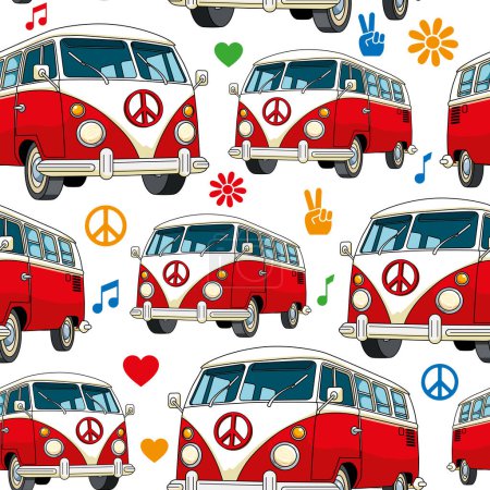 Illustration for Red vintage hippie van  seamless vector pattern - Royalty Free Image