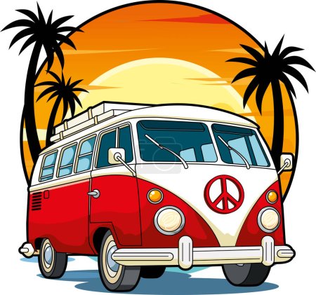 Foto de Ilustración vectorial de furgoneta hippie vintage en color rojo - Imagen libre de derechos