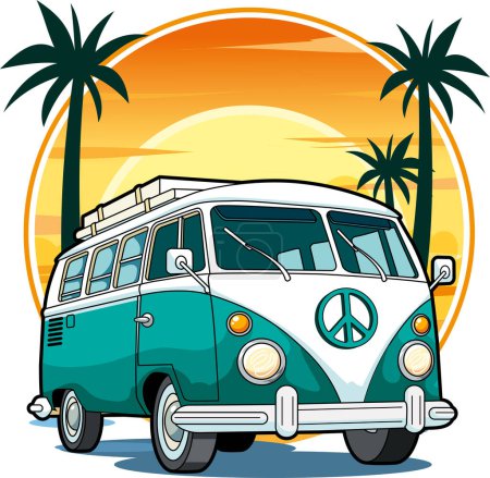 Illustration for Vector illustration of vintage hippie van in turquoise color - Royalty Free Image