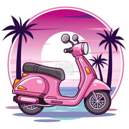 Illustration for Vector Illustration sticker of pink color scooter in summer scene in white background - Royalty Free Image
