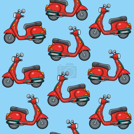 Téléchargez les illustrations : Scooter rouge motif vectoriel sans couture illustration en fond bleu - en licence libre de droit