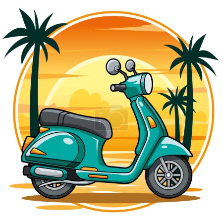 Téléchargez les illustrations : Sticker Illustration vectorielle de Scooter vert turquoise en scène estivale en fond blanc - en licence libre de droit