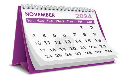 Illustration vectorielle de novembre 2024 Calendrier isolé en fond blanc, réalisé en Adobe illustrator