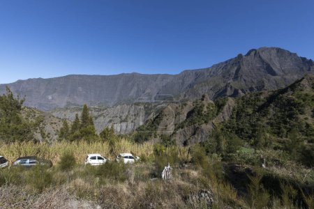 Photo for La Reunion, France - August 11, 2022: car parked at the beginning of trail to cirque in La Reunion - Royalty Free Image