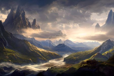 Foto de "Fantasy Frontier" would describe an image of a landscape that's set in a fantasy or epic game world, with elements of adventure, mystery and wonder. The image could depict a wide open space with towering mountains, lush forests or a vast desert. You - Imagen libre de derechos