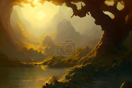 Foto de "Fantasy Frontier" would describe an image of a landscape that's set in a fantasy or epic game world, with elements of adventure, mystery and wonder. The image could depict a wide open space with towering mountains, lush forests or a vast desert. You - Imagen libre de derechos