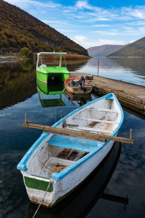 Various boats at the Mikri Prespa lake, Greece