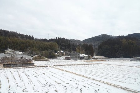 View of landscape Yufuin village in the winter after snow fall