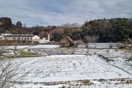 View of landscape Yufuin village in the winter after snow fall