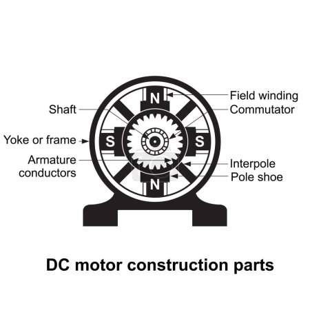 Energy education, DC motor construction parts isolated on white background.