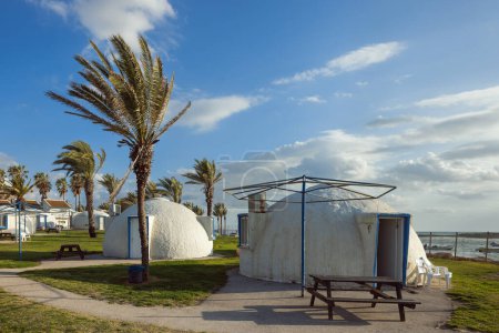 beautiful guest houses in the form of a hemisphere on the Hof Dor beach in Israel