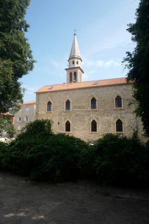 Photo for Budva, Montenegro - June 25, 2023: Budva church tower, Budva old town, Montenegro. - Royalty Free Image
