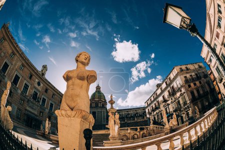 Marvelous sculptures of Piazza Pretoria in Palermo, Italy. Sunny afternoon